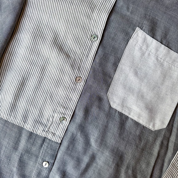 John Mark Gray Oversize Stripe Split Color Block Patchwork Button Up Shirt Top L - Picture 4 of 4